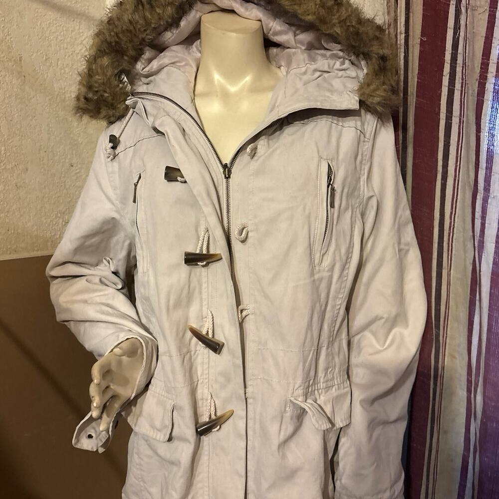 Y2K Faded Glory Tan Coat Fur Trim Quilted Full Zip Toggles Back Embroidered XL